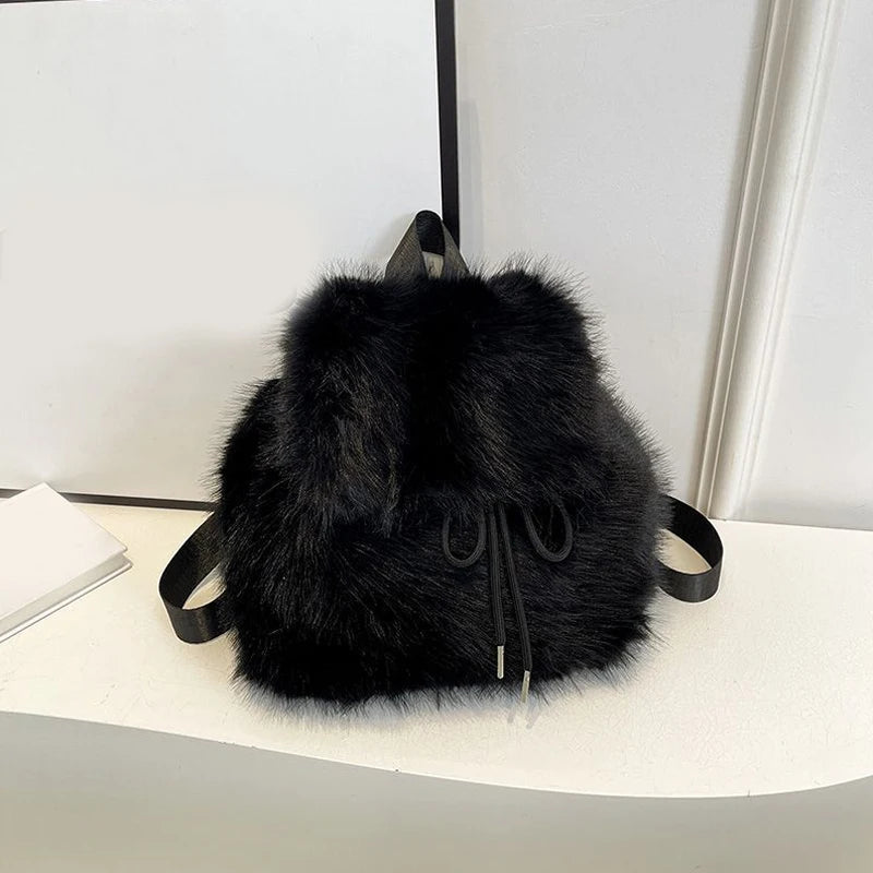 black Color Women’s Plush Faux Fur Backpack With Softback Design
