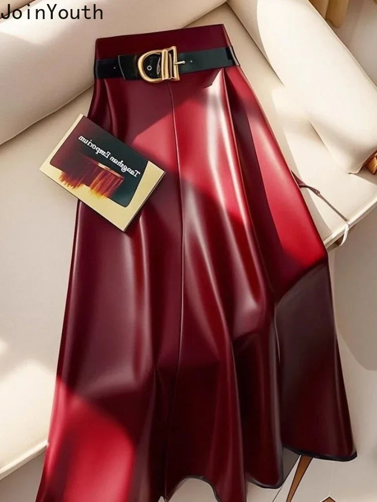 High Waist PU A-Line Midi Skirt for Women
