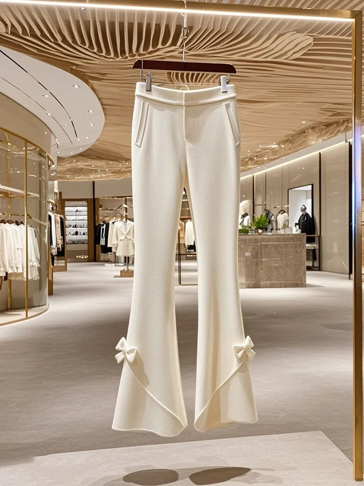 Women’s High Waist Knit Flare Pants With Bow Detail