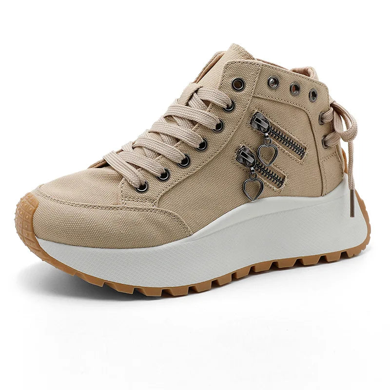 Khaki Color Women’s Chunky High Top Canvas Sneakers – Platform Sole