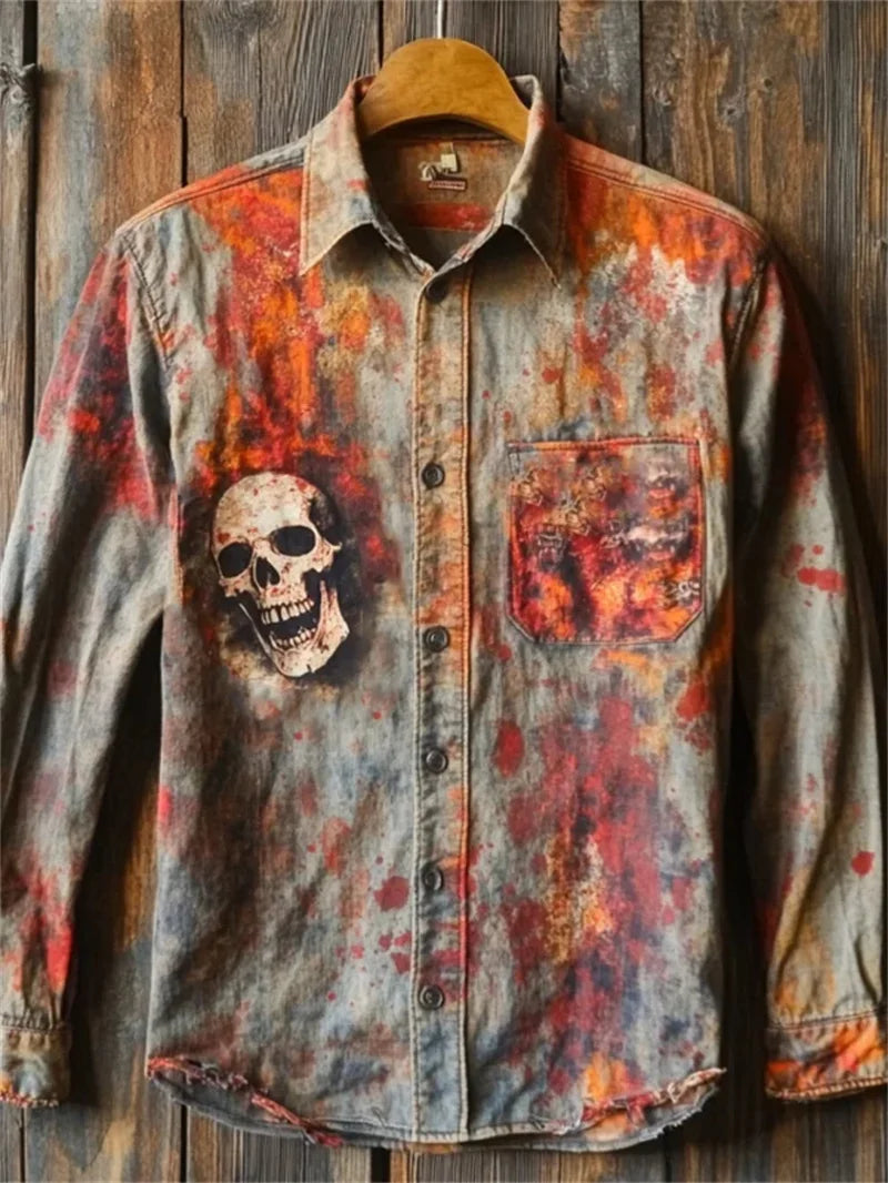 Men's Linen Bamboo Print Hawaiian Long Sleeve Shirt