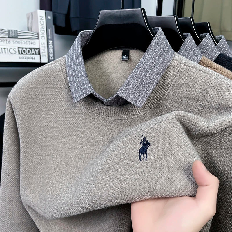 Men’s Fleece-Lined Knit Sweater with Shirt Collar