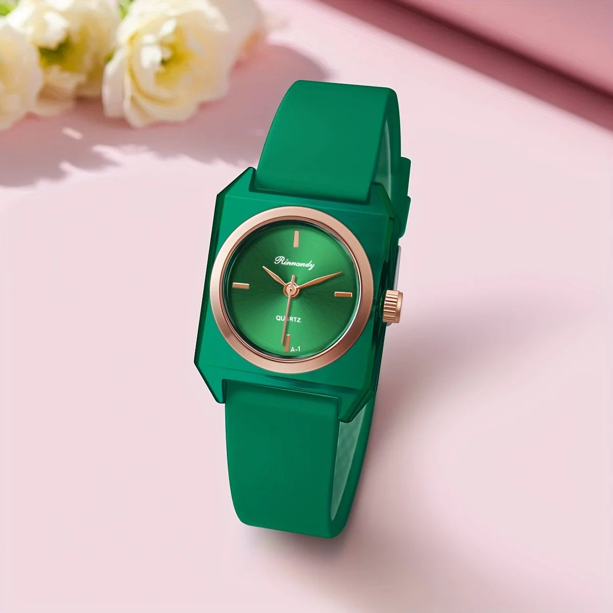 Green Color Women’s Rectangle Quartz Watch with Soft Silicone Strap