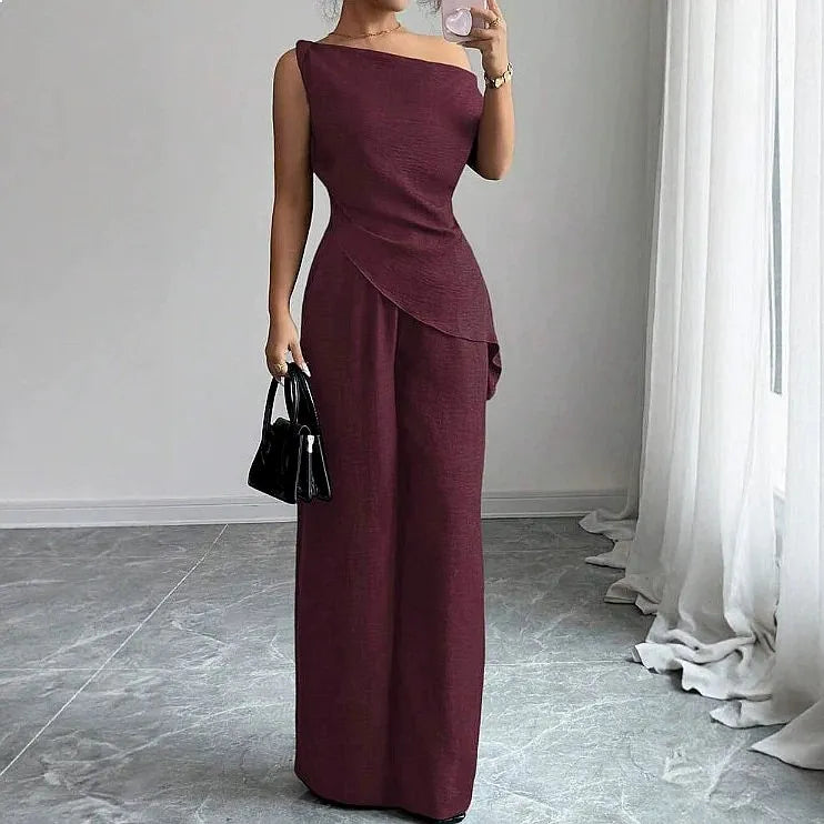 One Shoulder Wide Leg Jumpsuit Set For Women