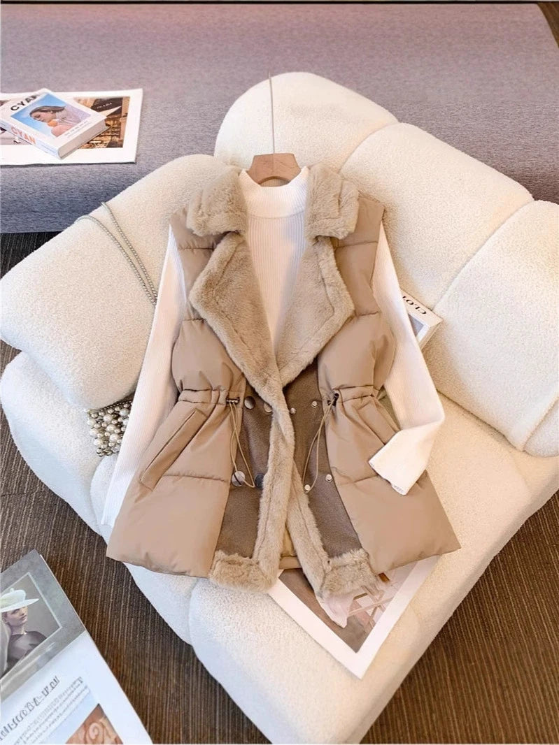 Women’s Faux Fur Collar Padded Winter Vest Coat
