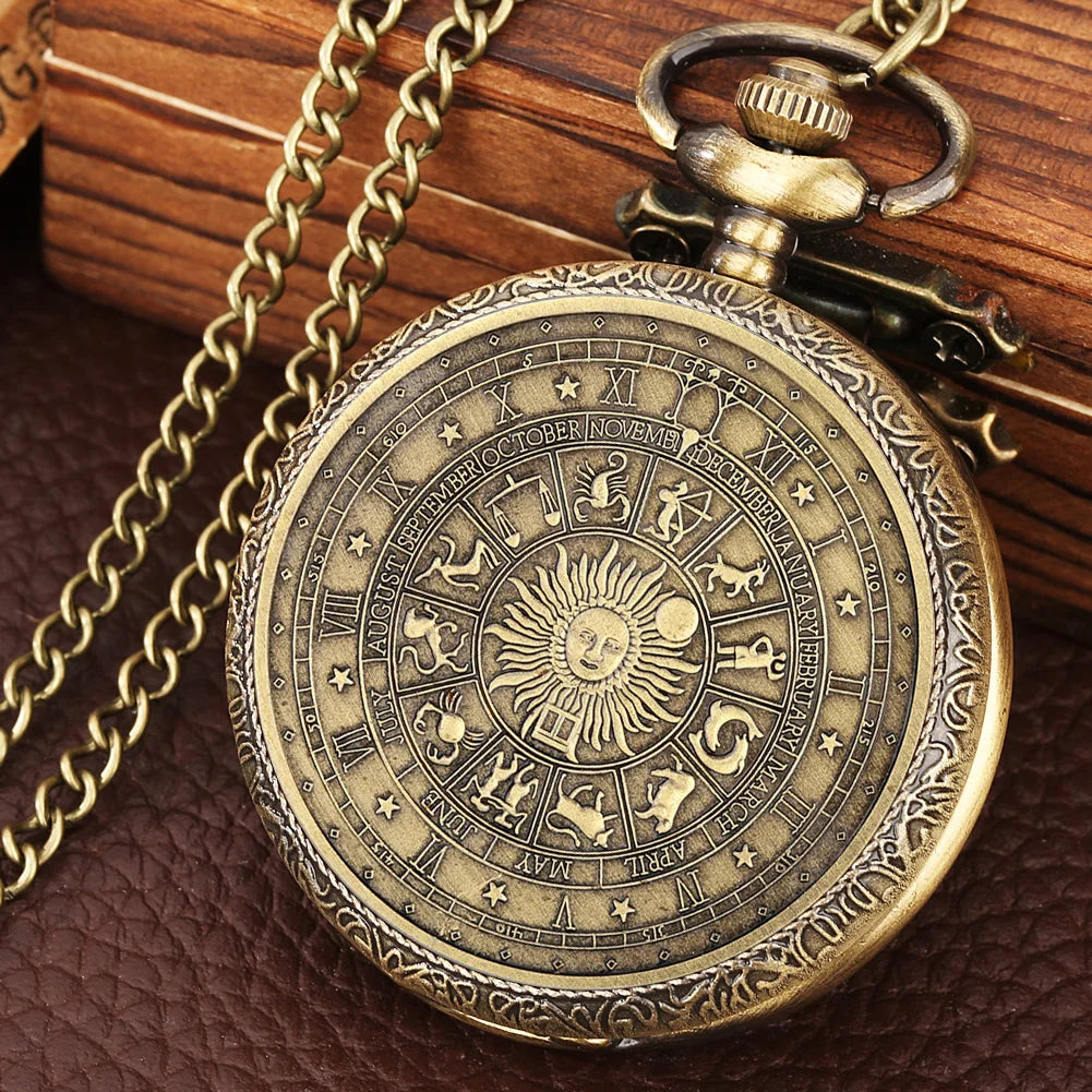 Vintage Bronze Tarot Pocket Watch Necklace Quartz