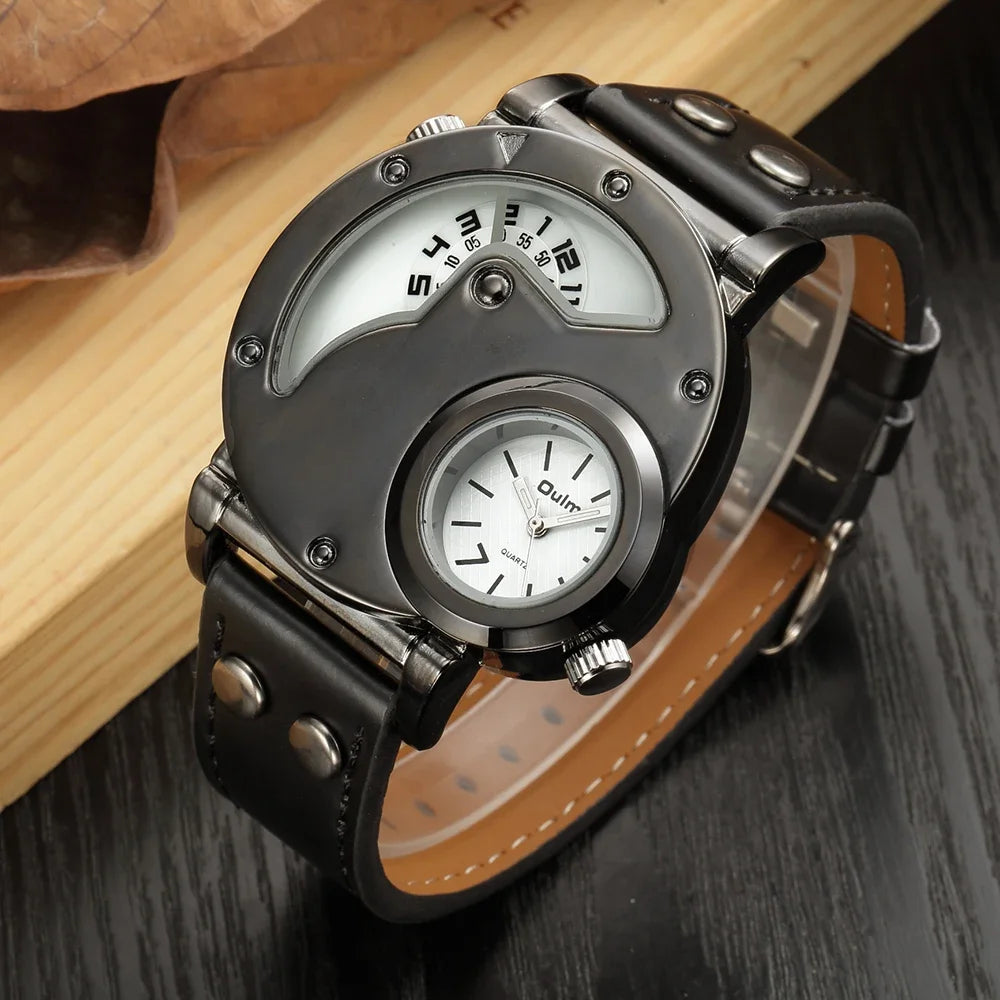 Large Dial Men’s Quartz Watch With Leather Strap