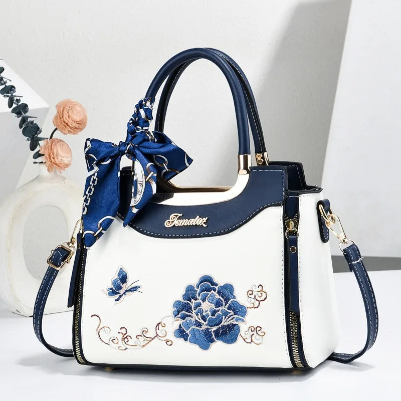 Women’s Embroidered PU Leather Shoulder Tote Handbag
