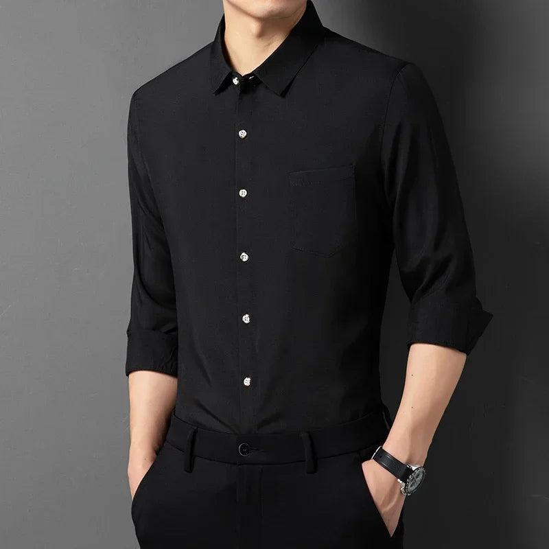 black Color Men's Wrinkle-Resistant Long Sleeve Smart Casual Shirt