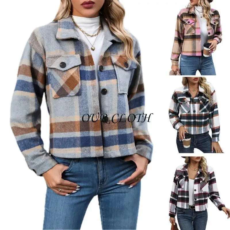 Women’s Plaid Wool Shacket Jacket – Button Down, Cropped