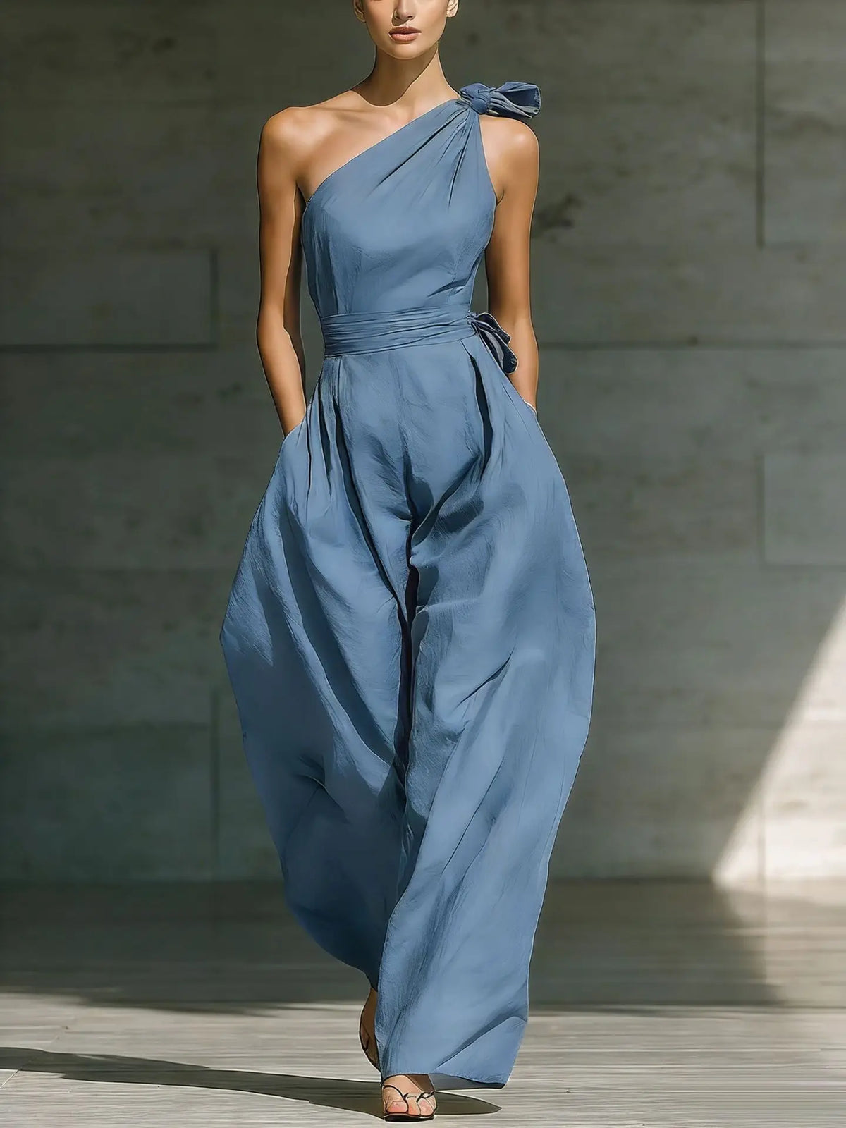 Women’s One-Shoulder Wide-Leg Jumpsuit With Sash Belt