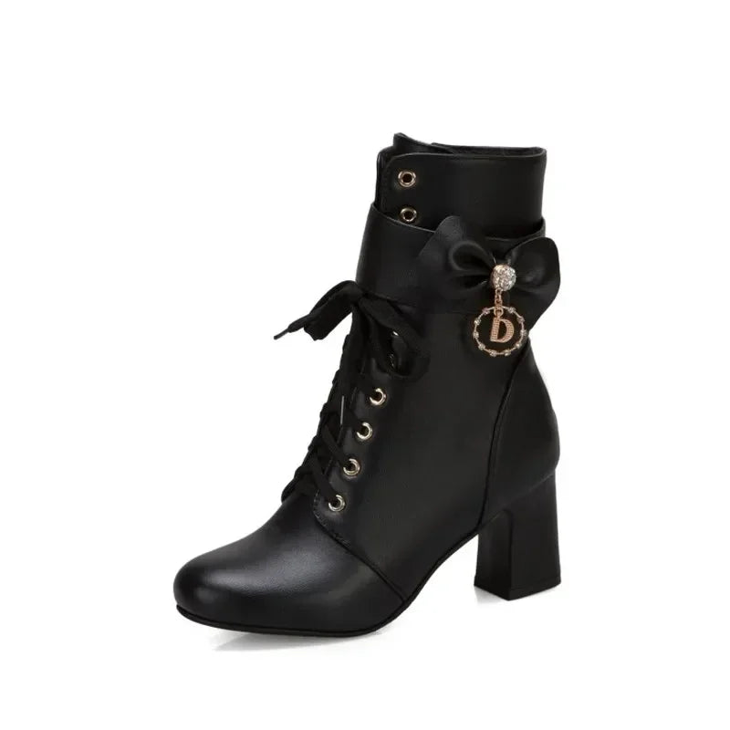 Women’s Round-Toe High Heel Ankle Boots With Bow