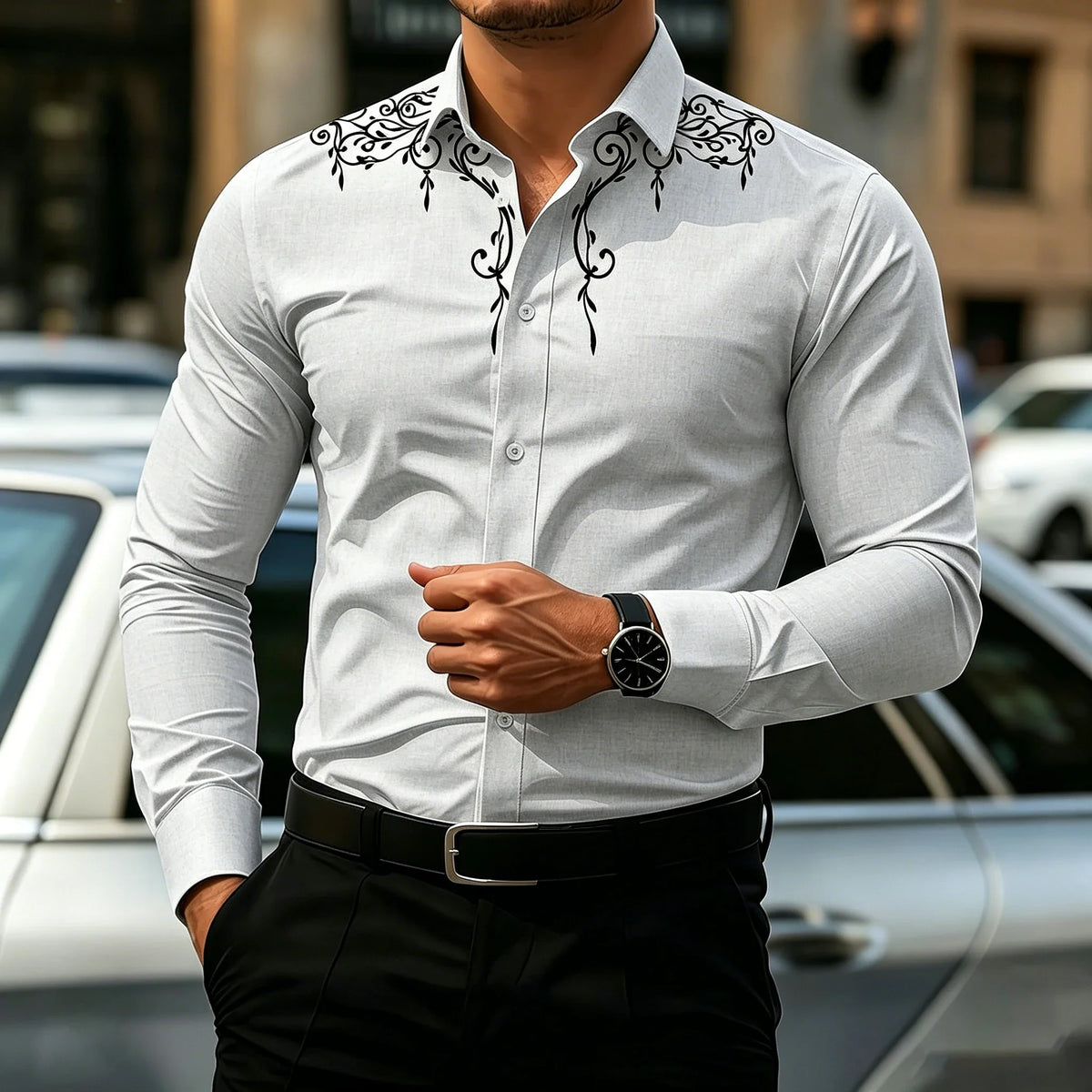 YCZWZW081238D Color Men's Retro Print Dress Shirt With Turn-Down Collar