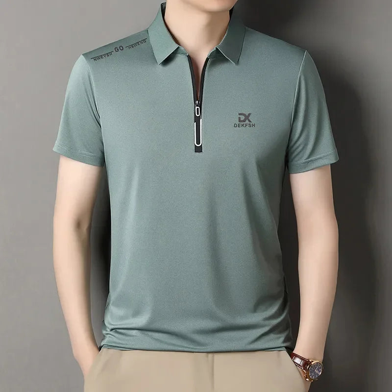 Light green Color Men's Casual Zipper Polo Shirt – Lightweight Summer Top