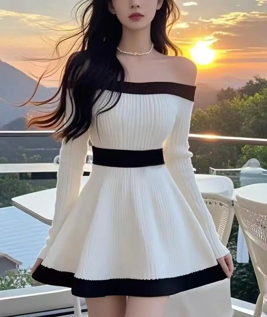 Elegant Boat Neck Knit Party Dress With Ball Gown Skirt