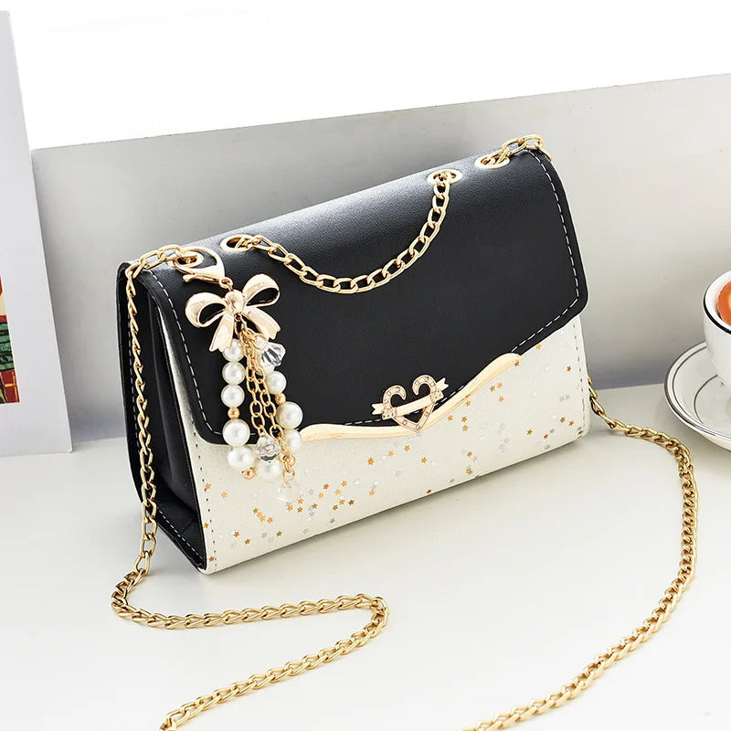 Women’s Sequin Box Shoulder Bag With Bow Chain Detail
