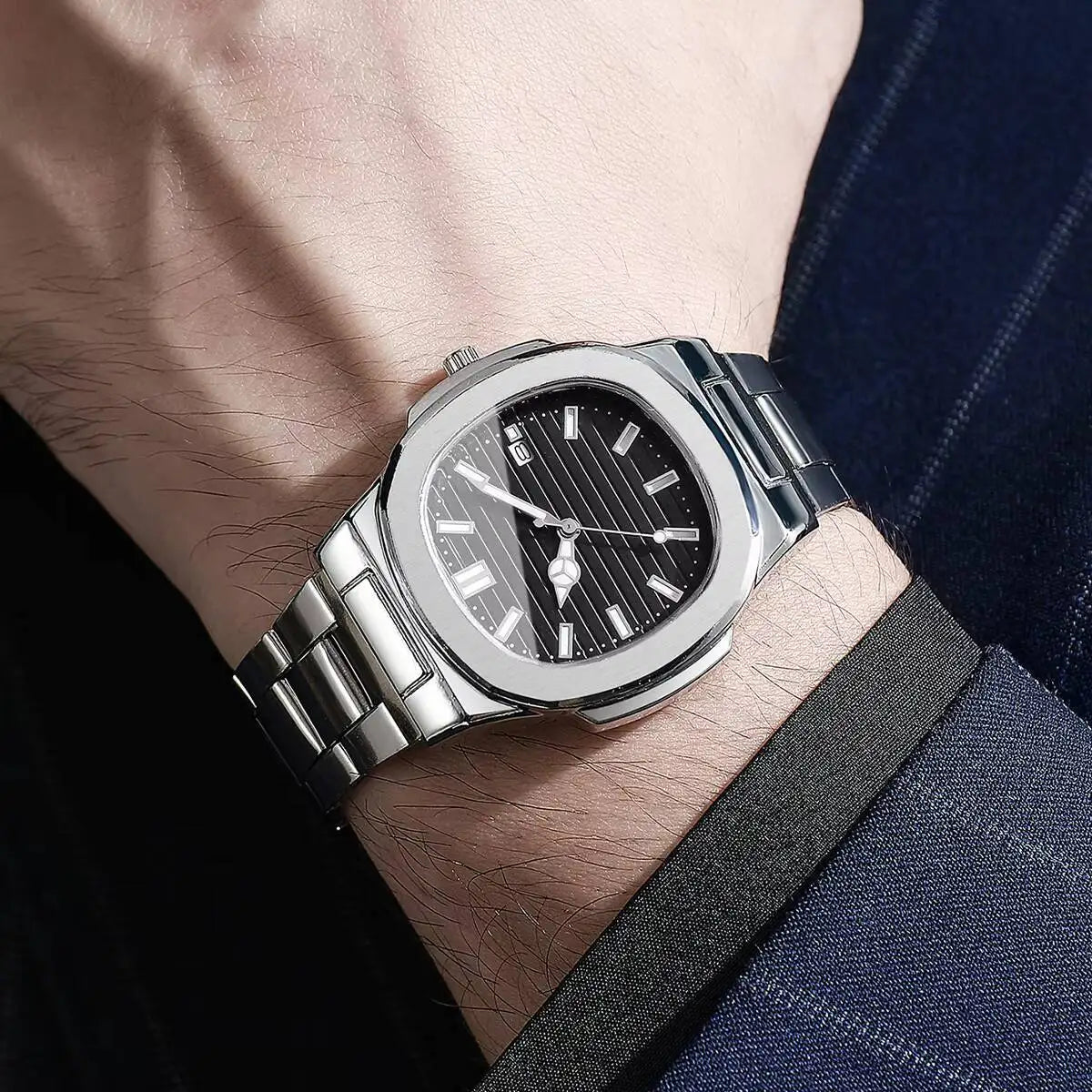 Men’s Square Dial Quartz Watch With Metal Bracelet