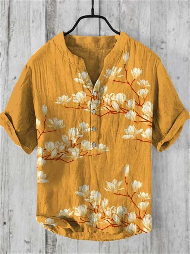 ARU224 Color Men’s Linen Casual V-Neck Short Sleeve Beach Shirt