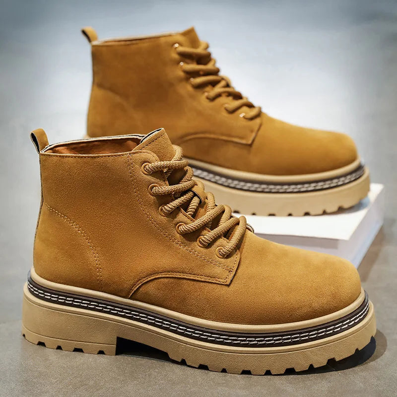 khaki Color Men’s Suede Ankle Boots Casual Non-Slip Platform Sole