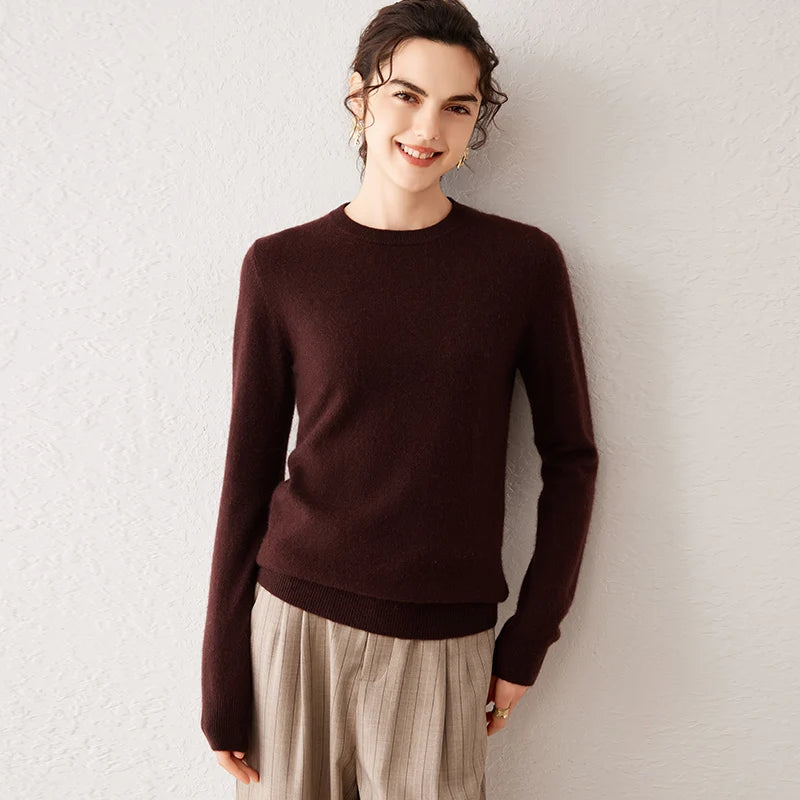 coffee brown Color Women’s Cashmere Knit Sweater Crew Neck Long Sleeve