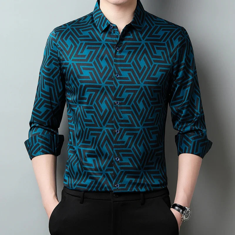 Lake blue Color Men's Casual Printed Shirt – Long Sleeve Smart Style