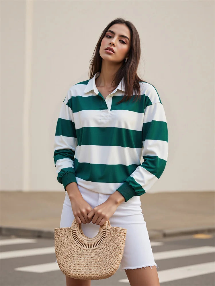 Women’s Striped Turn-Down Collar Long Sleeve Tee