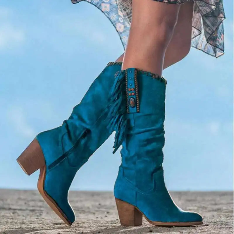 Women’s Tassel Knee-High Western Boots With Wedge Heel