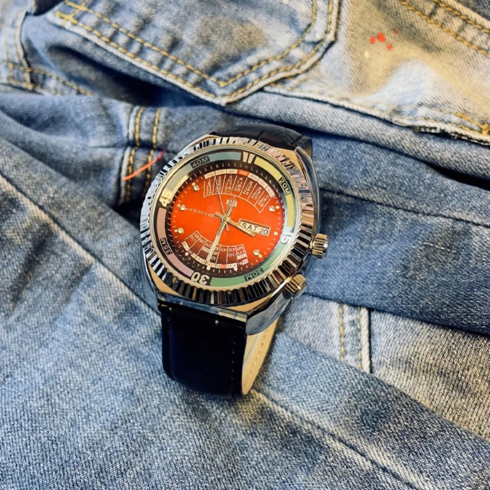 Men's Vintage Quartz Watch With Leather Strap Calendar