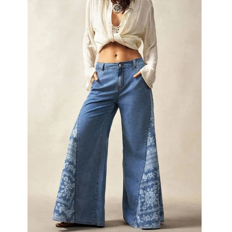 Women’s Floral Patchwork Flare Jeans Loose Wide Leg Denim
