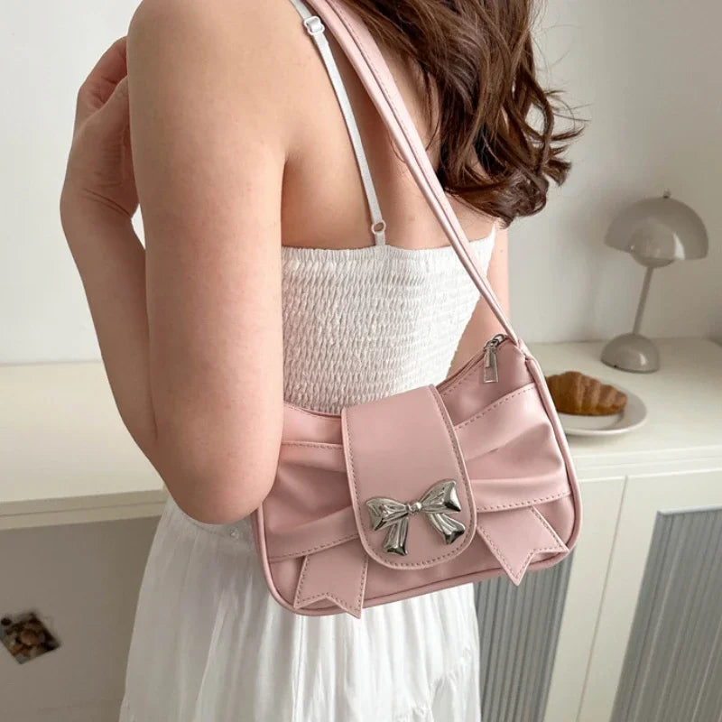 Bow Shoulder Underarm Bag For Women PU Saddle Handbag