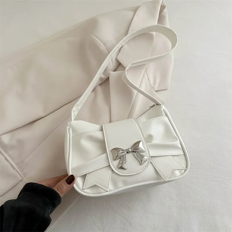 White-Bow Color Bow Shoulder Underarm Bag For Women PU Saddle Handbag